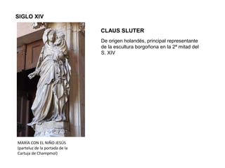 GRUPO DE LA ANUNCIACIÓN Y LA VISITACIÓN, CATEDRAL DE REIMS
- A la izquierda, el grupo de La Anunciación, más hierático, con figuras más verticales, rectas y con
ropajes de pliegues rectos que recuerdan a la Virgen Dorada.
- A la drecha, el grupo de la Visitación, representa a María e Isabel con ropajes llenos de pliegues, con
mucho movimiento, el cuerpo en contrapposto y la cabeza doblada
 