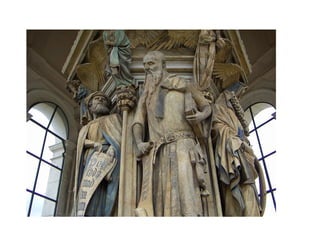 Inicialmente debía ser una cruz monumental
destinada al centro del cementerio de la Cartuja de
Champmol, de la que sólo se conserva el zócalo, con
profetas y ángeles esculpidos de forma monumental
y pesada. La forma del basamento, prismático y de
forma hexagonal, alude simbólicamente a la fons
vitae de la que surge la vida, simbolizada aquí en la
propia muerte de Cristo. Unos ángeles soportan el
zócalo sobre el que apoyaría la cruz, y bajo ellos,
ocupando cada una de las caras del brocal, los
profetas precursores de Cristo: David, Isaías, Daniel,
Jeremías, Zacarías y Moisés.
POZO DE MOISÉS, CLAUS SLUTER
 