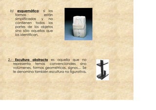 b)     esquemática: si las
      formas             están
      simplificadas    y    no
      contienen todas las
      partes de los objetos
      sino sólo aquellas que
      los identifican.




2.- Escultura abstracta es aquella que no
   representa temas convencionales sino
   volúmenes, formas geométricas, signos,... Se
   le denomina también escultura no figurativa.
 