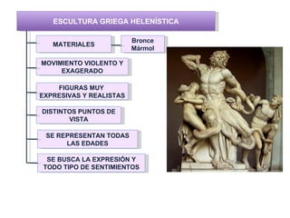 ESCULTURA GRIEGA HELENÍSTICA

                         Bronce
   MATERIALES
                         Mármol

MOVIMIENTO VIOLENTO Y
     EXAGERADO

    FIGURAS MUY
EXPRESIVAS Y REALISTAS

DISTINTOS PUNTOS DE
       VISTA

 SE REPRESENTAN TODAS
      LAS EDADES

 SE BUSCA LA EXPRESIÓN Y
TODO TIPO DE SENTIMIENTOS
 