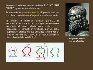 Aquest procediment permet realitzar ESCULTURES
BUIDES, generalment de bronze.
Es tracta de fer un doble motllo. El procés sols ser
complicat, però la base d’aquest procediment seria:
Els guerrers de Riace
Grècia clàssica
fang
fang
El model, de material refractari (fang...), és
recobert d‘ una capa de cera que és novament
recoberta del mateix material que el model;
consolidat el conjunt, s’ hi aboca, per un orifici
superior, el bronze fos que desplaça la cera per un
altre orifici inferior, i adopta, en solidificar-se, la
forma buida del model inicial
 