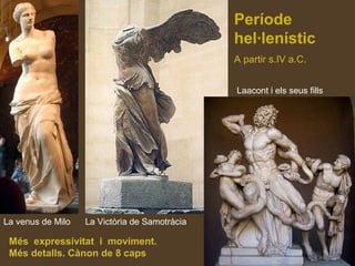 La venus de Milo La Victòria de Samotràcia
Laacont i els seus fills
Període
hel·lenístic
A partir s.IV a.C.
Més expressivitat i moviment.
Més detalls. Cànon de 8 caps
 