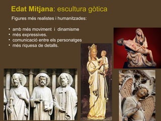 Edat Mitjana: escultura gòtica
Figures més realistes i humanitzades:
• amb més moviment i dinamisme
• més expressives.
• comunicació entre els personatges
• més riquesa de detalls.
 