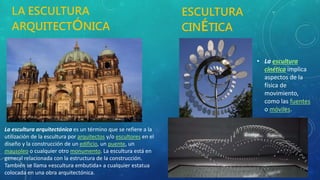 LA ESCULTURA
ARQUITECTÓNICA
La escultura arquitectónica es un término que se refiere a la
utilización de la escultura por arquitectos y/o escultores en el
diseño y la construcción de un edificio, un puente, un
mausoleo o cualquier otro monumento. La escultura está en
general relacionada con la estructura de la construcción.
También se llama «escultura embutida» a cualquier estatua
colocada en una obra arquitectónica.
• La escultura
cinética implica
aspectos de la
física de
movimiento,
como las fuentes
o móviles.
ESCULTURA
CINÉTICA
 