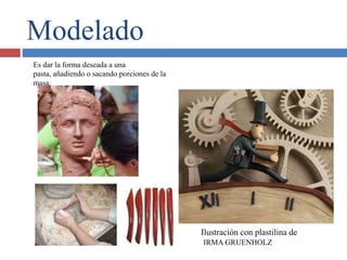 Modelado
Es dar la forma deseada a una
pasta, añadiendo o sacando porciones de la
masa.
Ilustración con plastilina de
IRMA GRUENHOLZ
 