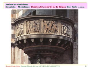 Período de clasicismo Donatello – Michelozzo.  Púlpito del cinturón de la Virgen , Cat. Prato  (1428-38) Gonzalo Durán López .  Curso de Historia del Arte.  ARTE DEL RENACIMIENTO 