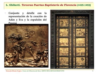 L. Ghiberti.  Terceras Puertas Baptisterio de Florencia   (1425-1452 ) Conjunto y detalle con la representación de la creación de Adán y Eva y la expulsión del Paraíso Gonzalo Durán López .  Curso de Historia del Arte.  ARTE DEL RENACIMIENTO 