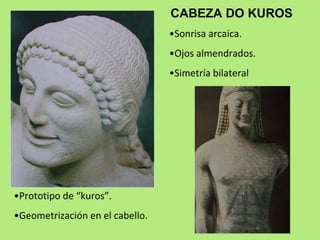 CABEZA DO KUROS Prototipo de “kuros”. Geometrización en el cabello. Sonrisa arcaica. Ojos almendrados. Simetría bilateral 