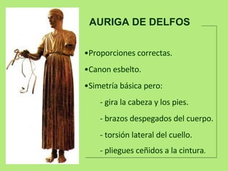 AURIGA DE DELFOS Proporciones correctas.  C a non esbelto.  Simetría b á sica pero:  - gira la cabeza y los pies.  - brazos despegados del cuerpo. - torsión lateral del cuello.  - pliegues ceñidos a la cintura . 