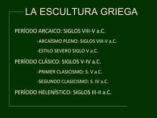LA ESCULTURA GRIEGA PERÍODO ARCAICO: SIGLOS VIII-V a.C. -ARCAÍSMO PLENO: SIGLOS VIII-V a.C. -ESTILO SEVERO SIGLO V a.C. PERÍODO CLÁSICO: SIGLOS V-IV a.C. -PRIMER CLASICISMO: S. V a.C. -SEGUNDO CLASICISMO: S. IV a.C. PERÍODO HELENÍSTICO: SIGLOS III-II a.C. 