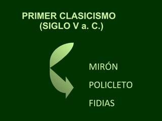 PRIMER CLASICISMO  (SIGLO V a. C.) MIRÓN POLICLETO FIDIAS 