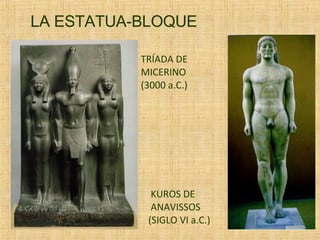 LA ESTATUA-BLOQUE TRÍADA DE MICERINO  (3000 a.C.) KUROS DE  ANAVISSOS (SIGLO VI a.C.) 