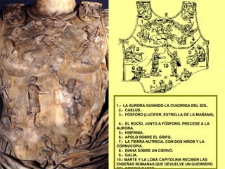 1.- LA AURORA GUIANDO LA CUADRIGA DEL SOL. 2.- CAELUS. 3.- FÓSFORO (LUCIFER, ESTRELLA DE LA MAÑANA). 4.- EL ROCÍO, JUNTO A FÓSFORO, PRECEDE A LA AURORA. 5.- HISPANIA. 6.- APOLO SOBRE EL GRIFO. 7.- LA TIERRA NUTRICIA, CON DOS NIÑOS Y LA CORNUCOPIA. 8.- DIANA SOBRE UN CIERVO. 9.- GALIA. 10.- MARTE Y LA LOBA CAPITOLINA RECIBEN LAS ENSEÑAS ROMANAS QUE DEVUELVE UN GUERRERO DEL IMPERIO PARTO.