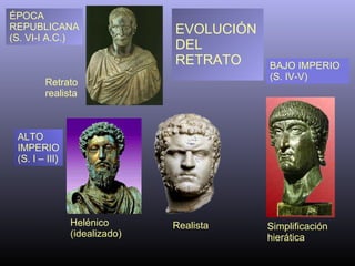 EVOLUCIÓN DEL RETRATO ÉPOCA REPUBLICANA (S. VI-I A.C.) BAJO IMPERIO (S. IV-V) Retrato  realista Simplificación hierática ALTO IMPERIO (S. I – III) Helénico (idealizado) Realista 