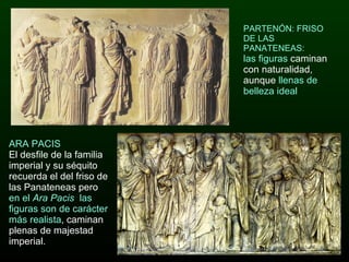 PARTENÓN: FRISO DE LAS PANATENEAS: las figuras  caminan con naturalidad, aunque  llenas de belleza ideal ARA PACIS El desfile de la familia imperial y su séquito recuerda el del friso de las Panateneas pero  en el  Ara Pacis  las figuras son de carácter más realista , caminan plenas de majestad imperial.   