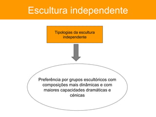 Escultura independente

          Tipologias da escultura
               independente




  Preferência por grupos escultóricos com
    composições mais dinâmicas e com
     maiores capacidades dramáticas e
                  cénicas
 