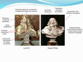 Duque D`EsteLuis XIV
Ropajes flotantes
que envuelven hombros
y hacen menos brusca
transición al pedestal
Contraste cabeza en una dirección
y pliegues del ropaje en la contraria
Mirada por
encima de
espectador
Contraste
armadura y
manto
Profundos
claroscuros Composición más
basada en la diagonal
Composición
más basada
en vertical
y horizontal
Tratamiento
asimétrico
de cabellera
Cierta
idealización
 