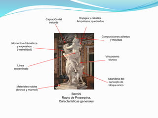 Bernini
Rapto de Proserpina.
Características generales
Abandono del
concepto de
bloque único
Materiales nobles
(bronce y mármol)
Composiciones abiertas
y movidas
Momentos drámaticos
y expresivos
( teatralidad)
Captación del
instante
Ropajes y cabellos
Ampulosos, quebrados
Virtuosismo
técnico
Línea
serpentinata
 