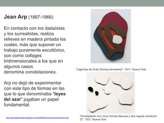 Jean Arp (1887-1966)
En contacto con los dadaístas
y los surrealistas, realiza
relieves en madera pintada los
cuales, más que suponer un
trabajo puramente escultórico,
son como collages
tridimensionales a los que en
algunos casos
denomina constelaciones.
Arp no dejó de experimentar
con este tipo de formas en las
que lo que denominaba "leyes
del azar" jugaban un papel
fundamental.
http://aprendersociales.blogspot.com.es/2009/05/la-escultura-biomorfica.html
“Constelación con cinco formas blancas y dos negras (variación
3)". 1931, Nueva York
"Lágrimas de Enak (formas terrestres)". 1917, Nueva York
 