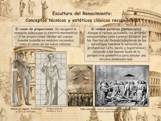 Escultura del Renacimiento:
Conceptos técnicos y estéticos clásicos recuperados:
El canon de proporciones: Se recuperó la
obsesión clásica por la simetría matemática
y las proporciones ideales del cuerpo
humano basadas en módulos racionales,
como el canon de las nueve cabezas.
El relieve pictórico (Schiacciato):
Aunque el relieve ya existía, los artistas
renacentistas como Lorenzo Ghiberti (en
las Puertas del Paraíso) adoptaron de los
sarcófagos romanos la variación de
profundidad (alto, medio y bajorrelieve)
acoplada a las nuevas leyes de la
perspectiva geométrica para simular una
tercera dimensión real.
Proporciones de
Vitrubio, s. I a. C.
Tullio Lombardo, Venecia. «Coronacion de la Virgen» (1500) y
«El milagro del corazon del avaro» (1525).
“Sátiro en reposo“. Praxíteles,
s. IV a. C. Vaticano.
 