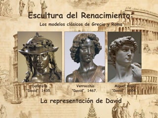 La representación de David
Donatello
“David”, 1435.
Verrocchio
“David”, 1467.
Miguel Ángel
“David”, 1504.
Escultura del Renacimiento:
Los modelos clásicos de Grecia y Roma
 