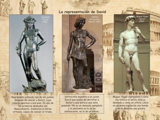 Miguel Ángel representa a este
rey bíblico al estilo clásico,
desnudo y como un atleta. Lleva
en su mano izquierda una honda
y en la derecha una piedra.
Miguel Ángel
“David”,
1504 .
Representa a David, rey de los judíos,
después de vencer a Goliat, cuya
cabeza aparece a sus pies. Es uno de
los primeros desnudos del
Renacimiento. Simboliza al héroe
virtuoso, capaz de vencer al tirano.
Donatello
“David”,
1435 .
Verrocchio muestra a un joven
David que acaba de derrotar a
Goliat y que parece que esta
posando. No es un desnudo completo
y la anatomía es la de un
adolescente, no la de un héroe.
Andrea
Verrocchio,
“David”, 1467.
La representación de David
 