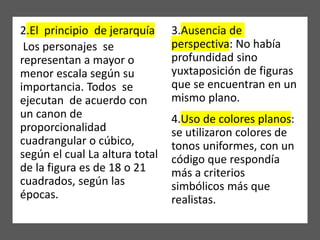 2.El principio de jerarquía
Los personajes se
representan a mayor o
menor escala según su
importancia. Todos se
ejecutan de acuerdo con
un canon de
proporcionalidad
cuadrangular o cúbico,
según el cual La altura total
de la figura es de 18 o 21
cuadrados, según las
épocas.
3.Ausencia de
perspectiva: No había
profundidad sino
yuxtaposición de figuras
que se encuentran en un
mismo plano.
4.Uso de colores planos:
se utilizaron colores de
tonos uniformes, con un
código que respondía
más a criterios
simbólicos más que
realistas.
 