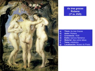 As tres grazas
Rubens
(1ª m. XVII)
a) Título: As tres Grazas
b) Autor: Rubens
c) Cronoloxía: 1635
d) Estilo: barroco flamenco
e) Material: óleo sobre táboa
f) Tema: mitolóxico
g) Localización: Museo do Prado
 