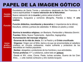 PAPEL DE LA IMAGEN GÓTICO
Cambio
estético
Escolástica de Santo Tomás y naturalismo idealizado de San Francisco 
nueva espiritualidad  nueva valoración de la Naturaleza.
Nueva valoración de la muerte (¿cómo salvar el alma?).
Urbanismo, burguesía y comercio (Borgoña, Flandes e Italia)  arte
realista.
Función
Función didáctica, moralizante y decorativa (+ importancia de la última).
Escultura, vidriera y pintura de catedrales  Biblias en piedra y cristal.
Icono-
grafía y
temática
Domina la temática religiosa, sin Bestiario, Pantocrátor y Maiestas Domini.
Fuentes: Biblia, Nuevo Testamento, Apócrifos, hagiografías.
Humanización del mensaje religioso:
−Escenas de la vida de Jesús. S.t. la Pasión y el Cristo crucificado.
−Vírgenes: Virgen con el Niño; dama a la que se encomendaba el caballero
cristiano en círculos cortesanos; madre sufriente y protectora de los
desvalidos en medios populares.
−Santos: abogados y protectores de los hombres y sus actividades.
Temas profanos: hcos
y cotidianos, sobre todo en pintura.
−Desde el XIV, crisis, Cisma, Peste, luchas sociales, Guerra de los Cien
Años... ⇒ arte realista cortesano y otro realista burgués.
 