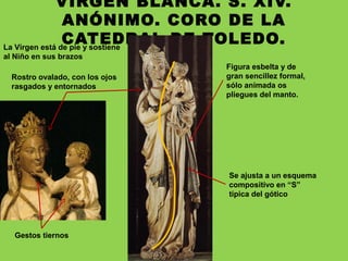 VIRGEN BLANCA. S. XIV.
ANÓNIMO. CORO DE LA
CATEDRAL DE TOLEDO.La Virgen está de pie y sostiene
al Niño en sus brazos
Rostro ovalado, con los ojos
rasgados y entornados
Gestos tiernos
Virgen coronada está
cubierta con un
Se ajusta a un esquema
compositivo en “S”
típica del gótico
Figura esbelta y de
gran sencillez formal,
sólo animada os
pliegues del manto.
 