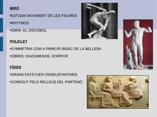 MIRÓ ESTUDIA MOVIMENT DE LES FIGURES RHYTMOS OBRA: EL DISCÒBOL POLICLET SYMMETRIA  COM A PRINCIPI BÀSIC DE LA BELLESA OBRES: DIADÚMENOS, DORÍFOR FÍDIES GRANS ESTÀTUES CRISELEFANTINES. CONEGUT PELS RELLEUS DEL PARTENÓ. 