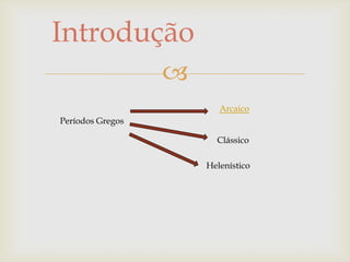Introdução
                  
                         Arcaico
Períodos Gregos

                        Clássico

                      Helenístico
 