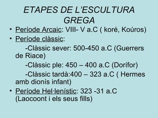 ETAPES DE L’ESCULTURA
GREGA
• Període Arcaic: VIII- V a.C ( koré, Koúros)
• Període clàssic:
-Clàssic sever: 500-450 a.C (Guerrers
de Riace)
-Clàssic ple: 450 – 400 a.C (Dorífor)
-Clàssic tardà:400 – 323 a.C ( Hermes
amb dionís infant)
• Període Hel·lenístic: 323 -31 a.C
(Laocoont i els seus fills)
 