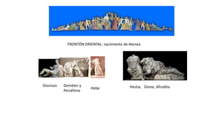 FRONTÓN ORIENTAL: nacimiento de Atenea
Dionisos Hestia, Dione, AfroditaDeméter y
Perséfone
Hebe
 