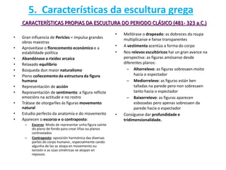 CARACTERÍSTICAS PROPIAS DA ESCULTURA DO PERIODO CLÁSICO (481- 323 a.C.)
• Gran influencia de Pericles = impulsa grandes
obras maestras
• Aproveitase o florecemento económico e a
estabilidade política
• Abandónase a rixidez arcaica
• Relaxado equilibrio
• Búsqueda dun maior naturalismo
• Pleno coñecemento da estructura da figura
humana
• Representación de acción
• Representación de sentimento: a figura reflicte
emocións na actitude e no rostro
• Trátase de otorgarlles ás figuras movemento
natural
• Estudio perfecto da anatomía e do movemento
• Aparecen o escorzo e o contraposto:
– Escorzo: Modo de representar unha figura saínte
do plano de fondo para crear liñas ou planos
contrastados
– Contraposto: oposición harmónica das diversas
partes do corpo humano , especialmente cando
algunha de las se atopa en movemento ou
tensión e as súas simétricas se atopan en
repouso.
• Mellórase o drapeado: as dobreces da roupa
multiplícanse e fanse transparentes
• A vestimenta acentúa a forma do corpo
• Nos relevos escultóricos hai un gran avance na
perspectiva: as figuras amósanse desde
diferentes planos:
– Altorrelevo: as figuras sobresaen moito
hacia o espectador
– Mediorrelevo: as figuras están ben
talladas na parede pero non sobresaen
tanto hacia o espectador
– Baixorrelevo: as figuras aparecen
esbozadas pero apenas sobresaen da
parede hacia o espectador
• Consíguese dar profundidade e
tridimensionalidade.
5. Características da escultura grega
 