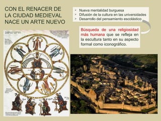 CON EL RENACER DE       Nueva mentalidad burguesa
LA CIUDAD MEDIEVAL      Difusión de la cultura en las universidades
                        Desarrollo del pensamiento escolástico
NACE UN ARTE NUEVO
                          Búsqueda de una religiosidad
                          más humana que se refleja en
                          la escultura tanto en su aspecto
                          formal como iconográfico.
 