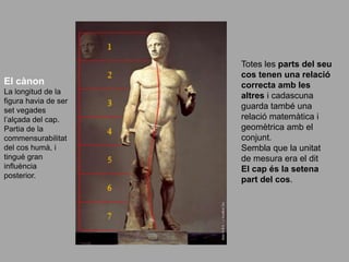 El cànon
La longitud de la
figura havia de ser
set vegades
l’alçada del cap.
Partia de la
commensurabilitat
del cos humà, i
tingué gran
influència
posterior.
Totes les parts del seu
cos tenen una relació
correcta amb les
altres i cadascuna
guarda també una
relació matemàtica i
geomètrica amb el
conjunt.
Sembla que la unitat
de mesura era el dit
El cap és la setena
part del cos.
 