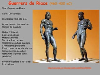 Guerrers de Riace (460-430 aC)
Titol: Guerres de Riace
Autor: Desconegut
Cronologia: 460-430 a.C.
Actual: Museu Nacional de
Reggio de Calàbria
Mides: 2,05m alt
Estil: grec clàssic
Material: bronze
Tècnica: fosa de cera
Tipologia: escultura exempte
Cromatisme: policroma
Estat conservació: atacats per
l’aigua de mar, però ben
restaurats (algunes parts
perdudes)
Foren recuperats el 1972 del
fons del mar
http://www.xtec.es/~fchorda/credit/credit4/htm/409.htm
 