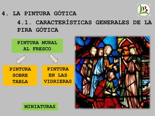 4. LA PINTURA GÓTICA
4.1. CARACTERÍSTICAS GENERALES DE LA
PIRA GÓTICA
PINTURA MURAL
AL FRESCO
PINTURA
EN LAS
VIDRIERAS
PINTURA
SOBRE
TABLA
MINIATURAS
 