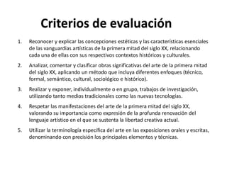 1. Reconocer y explicar las concepciones estéticas y las características esenciales
de las vanguardias artísticas de la primera mitad del siglo XX, relacionando
cada una de ellas con sus respectivos contextos históricos y culturales.
2. Analizar, comentar y clasificar obras significativas del arte de la primera mitad
del siglo XX, aplicando un método que incluya diferentes enfoques (técnico,
formal, semántico, cultural, sociológico e histórico).
3. Realizar y exponer, individualmente o en grupo, trabajos de investigación,
utilizando tanto medios tradicionales como las nuevas tecnologías.
4. Respetar las manifestaciones del arte de la primera mitad del siglo XX,
valorando su importancia como expresión de la profunda renovación del
lenguaje artístico en el que se sustenta la libertad creativa actual.
5. Utilizar la terminología específica del arte en las exposiciones orales y escritas,
denominando con precisión los principales elementos y técnicas.
Criterios de evaluación
 