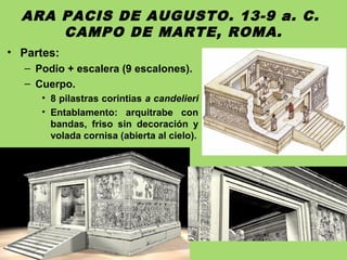 ARA PACIS DE AUGUSTO. 13-9 a. C.
CAMPO DE MARTE, ROMA.
• Partes:
– Podio + escalera (9 escalones).
– Cuerpo.
• 8 pilastras corintias a candelieri
• Entablamento: arquitrabe con
bandas, friso sin decoración y
volada cornisa (abierta al cielo).
 