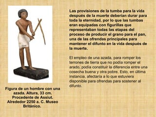 Figura de un hombre con una azada. Altura, 33 cm. Procedente de Assiut. Alrededor 2250 a. C. Museo Británico.   Las provisiones de la tumba para la vida después de la muerte deberían durar para toda la eternidad, por lo que las tumbas eran equipadas con figurillas que representaban todas las etapas del proceso de producir el grano para el pan, una de las ofrendas principales para mantener el difunto en la vida después de la muerte.  El empleo de una azada, para romper los terrones de tierra que no podía romper el arado, podía constituir la diferencia entre una cosecha buena y otra pobre. Esto, en última instancia, afectaría a lo que estuviera disponible para ofrendas para sostener al difunto.  