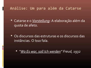 Análise: Um para além da Catarse
 Catarse e o Vorstellung: A elaboração além da
quota de afeto.
 Os discursos das estruturas e os discursos das
instâncias. O Isso fala.
 “Wo Es war, soll Ich werden” Freud, 1932
 