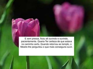E sem pressa, ficou ali ouvindo e ouvindo,
pacientemente. Queria Ter certeza de que estava
no caminho certo. Quando retornou ao templo, o
Mestre lhe perguntou o que mais conseguira ouvir.
 