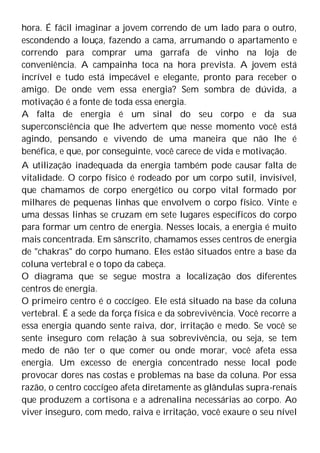 hora. É fácil imaginar a jovem correndo de um lado para o outro,
escondendo a louça, fazendo a cama, arrumando o apartamento e
correndo para comprar uma garrafa de vinho na loja de
conveniência. A campainha toca na hora prevista. A jovem está
incrível e tudo está impecável e elegante, pronto para receber o
amigo. De onde vem essa energia? Sem sombra de dúvida, a
motivação é a fonte de toda essa energia.
A falta de energia é um sinal do seu corpo e da sua
superconsciência que lhe advertem que nesse momento você está
agindo, pensando e vivendo de uma maneira que não lhe é
benéfica, e que, por conseguinte, você carece de vida e motivação.
A utilização inadequada da energia também pode causar falta de
vitalidade. O corpo físico é rodeado por um corpo sutil, invisível,
que chamamos de corpo energético ou corpo vital formado por
milhares de pequenas linhas que envolvem o corpo físico. Vinte e
uma dessas linhas se cruzam em sete lugares específicos do corpo
para formar um centro de energia. Nesses locais, a energia é muito
mais concentrada. Em sânscrito, chamamos esses centros de energia
de "chakras" do corpo humano. Eles estão situados entre a base da
coluna vertebral e o topo da cabeça.
O diagrama que se segue mostra a localização dos diferentes
centros de energia.
O primeiro centro é o coccígeo. Ele está situado na base da coluna
vertebral. É a sede da força física e da sobrevivência. Você recorre a
essa energia quando sente raiva, dor, irritação e medo. Se você se
sente inseguro com relação à sua sobrevivência, ou seja, se tem
medo de não ter o que comer ou onde morar, você afeta essa
energia. Um excesso de energia concentrado nesse local pode
provocar dores nas costas e problemas na base da coluna. Por essa
razão, o centro coccígeo afeta diretamente as glândulas supra-renais
que produzem a cortisona e a adrenalina necessárias ao corpo. Ao
viver inseguro, com medo, raiva e irritação, você exaure o seu nível
 