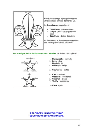 Neste postal antigo Inglês podemos ver
                                   uma descrição simples da Flor-de-Lis.

                                   As 3 pétalas correspondem a:

                                      •   Good Turns – Boas Acções
                                      •   Duty to God – Dever para com
                                          Deus
                                      •   Scout Law – Lei do Escuteiro

                                   As 2 estrelas de 5 pontas correspondem
                                   aos 10 artigos da Lei do Escuteiro.




Os 10 artigos da Lei do Escuteiro nas 2 estrelas, de acordo com o postal:

                                          1.   Honourable – honrado
                                          2.   Loyal – leal
                                          3.   Helpful – útil
                                          4.   Friendly – amigo

                                          5. Courteous – cortês

                                          6.   Kind – amável
                                          7.   Obedient – obediente
                                          8.   Cheerful – alegre
                                          9.   Thrifty – económico

                                          10. Clean – puro




                  A FLOR-DE-LIS NO ESCUTISMO
                  SEGUNDO O BUREAU MUNDIAL



                                                                            37
 