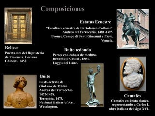 Camafeo en ágata blanca,
representando a Carlos I,
obra italiana del siglo XVI.
Camafeo
Puerta este del Baptisterio
de Florencia, Lorenzo
Ghiberti, 1452.
Relieve
Estatua Ecuestre
“Escultura ecuestre de Bartolomeo Colleoni”.
Andrea del Verrocchio, 1481-1495.
Bronce, Campo di Santi Giovanni e Paolo,
Venecia.
Bulto redondo
Perseo con cabeza de meduza.
Benvenuto Cellini , 1554.
Loggia dei Lanzi.
Busto
Busto-retrato de
Giuliano de Médici.
Andrea del Verrocchio,
1475-1478.
Terracota, 1475,
National Gallery of Art,
Washington.
 