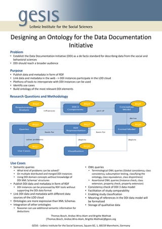 Designing an Ontology for the Data Documentation
                    Initiative
Problem
• Establish the Data Documentation Initiative (DDI) as a de facto standard for describing data from the social and
  behavioral sciences
• DDI should reach a broader audience

Purpose
•   Publish data and metadata in form of RDF
•   Link data and metadata in the web --> DDI instances participate in the LOD cloud
•   Plethora of tools to interoperate with DDI instances can be used
•   Identify use cases
•   Build ontology of the most relevant DDI elements

Research Questions and Methodology




Use Cases
• Semantic queries                                                • OWL queries
    • What kind of problems can be solved?                            • Terminological OWL queries (Global consistency, class
    • On multiple distributed and merged DDI instances                  consistency, subsumption testing, classifying the
    • Using DDI domain concepts without knowledge of                    ontology, class equivalence, class disjointness)
      DDI XML Schemas‘ structures                                     • Assertional OWL queries (Instance check, class
• Publish DDI data and metadata in form of RDF                          extension, property check, property extension)
    • DDI instances can be processed by RDF tools without         • Consistency check of DDI 3 data model
      supporting the DDI data format                              • Facilitation of study comparability
• Link DDI data and metadata with different data                  • Enabling study classification
  sources of the LOD cloud                                        • Meaning of references in the DDI data model will
• Ontologies are more expressive than XML Schemas                   be formalized
• Integration of other ontologies                                 • Storage of qualitative data
    • Reasoner can use additional semantic information for
      deductions
                                    Thomas Bosch, Andias Wira-Alam and Brigitte Mathiak
                                {Thomas.Bosch, Andias.Wira-Alam, Brigitte.Mathiak}@gesis.org

                   GESIS - Leibniz Institute for the Social Sciences, Square B2, 1, 68159 Mannheim, Germany
 