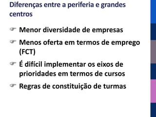 Diferenças entre a periferia e grandes
centros

 Menor diversidade de empresas
 Menos oferta em termos de emprego
  (FCT)
 É difícil implementar os eixos de
  prioridades em termos de cursos
 Regras de constituição de turmas
 