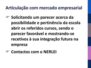 Articulação com mercado empresarial
 Solicitando um parecer acerca da
  possibilidade e pertinência da escola
  abrir os referidos cursos, sendo o
  parecer favorável e mostrando-se
  recetivos à sua integração futura na
  empresa
 Contactos com o NERLEI
 